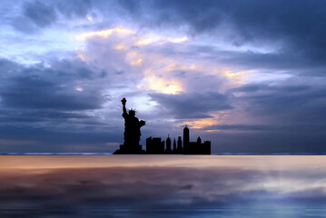 Fototapeta premium New York city silhouette night town on horizon dramatic blue lilac sunshine cloudy sky on sea before storm United State nature America landscape