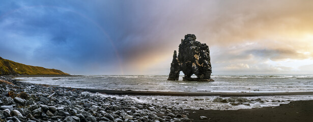 The drinking elephant or rhinoceros, basalt stack Hvitserkur along the eastern shore of Vatnsnes...