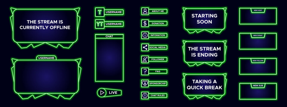 Set of modern design element for overlay game streaming screen panel. Green game frame for internet broadcast and online video. Futuristic live stream frame for interface. Vector technology template.