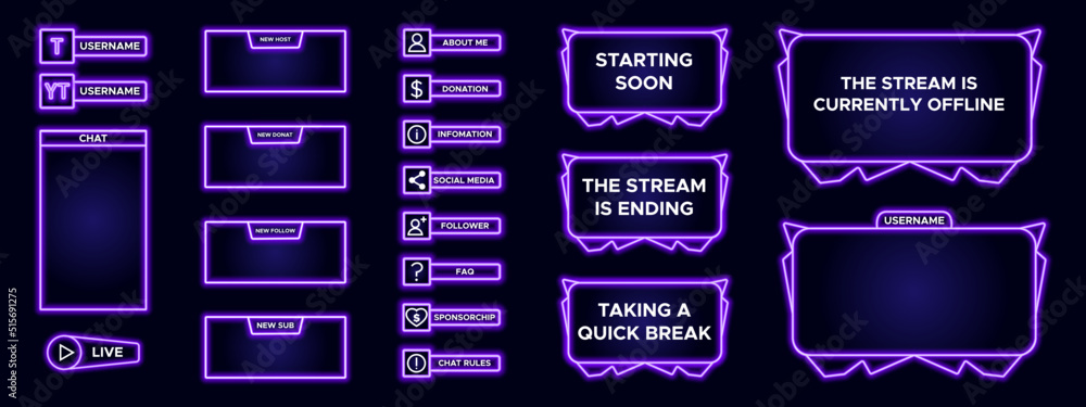 Fototapete set of modern design element for overlay game streaming screen panel. purple game frame for internet