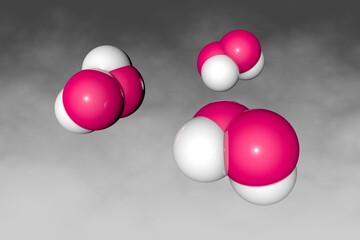 Space-filling molecular models of hydrogen peroxide, a chemical compound with formula H2O2. Atoms are shown as spheres with color coding: oxygen (red), hydrogen (white). 3d illustration