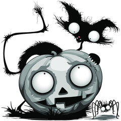 Citrouille de chat et araignée Illustration vectorielle de personnages de dessins animés d& 39 Halloween drôles et fantasmagoriques