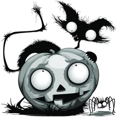 Crédence de cuisine en verre imprimé Dessiner Citrouille de chat et araignée Illustration vectorielle de personnages de dessins animés d& 39 Halloween drôles et fantasmagoriques