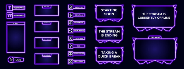 Set of modern design element for overlay game streaming screen panel. Purple game frame for internet broadcast and online video. Futuristic live stream frame for interface. Vector technology template.