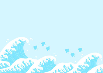 Fototapeta na wymiar 波千鳥と和波のイラスト（水色背景）