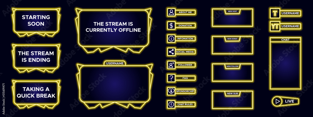 Poster set of modern design element for overlay game streaming screen panel. yellow game frame for internet