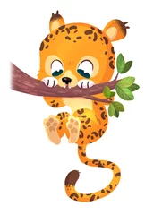 Foto op Plexiglas Illustration of jaguar hanging from a tree branch © cirodelia