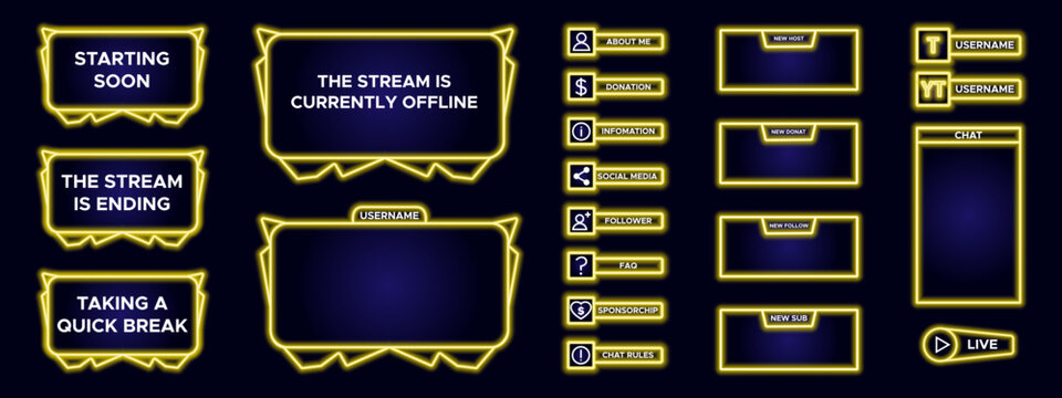 Set of modern design element for overlay game streaming screen panel. Yellow game frame for internet broadcast and online video. Futuristic live stream frame for interface. Vector technology template.