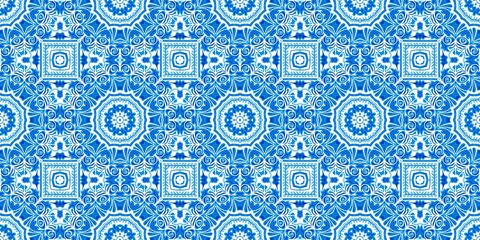 Blue white watercolor azulejo tile border background. Seamless coastal geometrical floral mosaic effect banner. Ornamental arabesque summer fashion repeat edge trim.