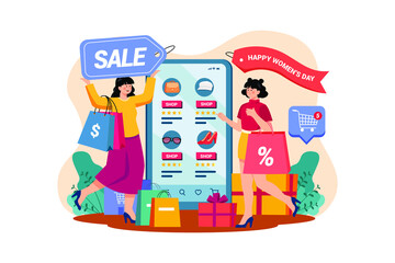 The Women Shopping During March 8 Sales flat illustration concept on white background