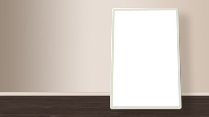 Mockup canvas frame on cabinet in living room interior on empty pastel wall background, 3D rendering
