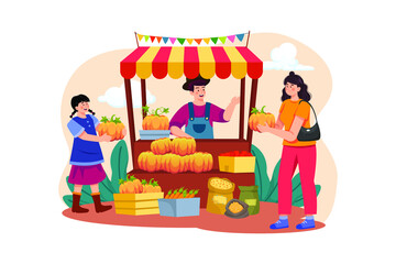 Woman Is Buying Pumpkins To Decorate For Thanksgiving Day flat illustration concept on white background