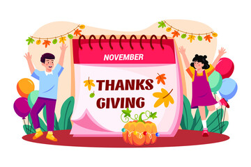 Children Rejoice On Thanksgiving Day flat illustration concept on white background