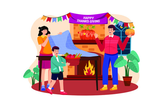 The Family Decorates For Thanksgiving Day Together flat illustration concept on white background