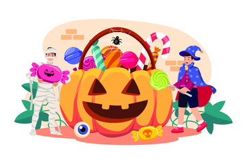 Kids Go To Parties, Trick Or Treat And Have Fun On Halloween flat illustration concept on white background
