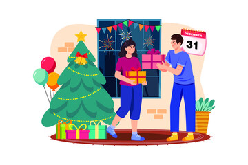 Naklejka premium Man Gifting Christmas Gift To Woman flat illustration concept on white background