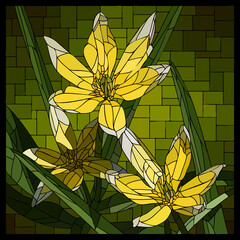 Vector square mosaic with blooming small yellow tulip flowers in stained glass window.