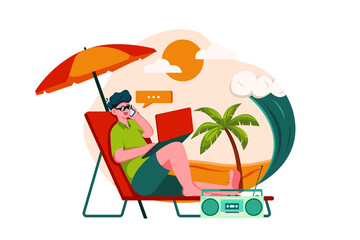 Fototapeta premium Freelancer Working On The Beach flat illustration concept on white background