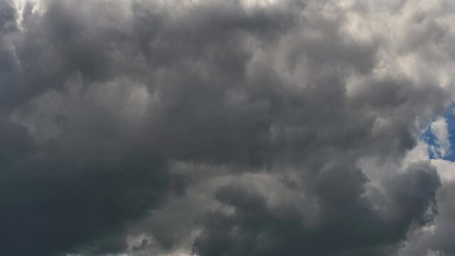 Beautiful thick clouds close-up. Timelapse rain clouds on a blue sky background.