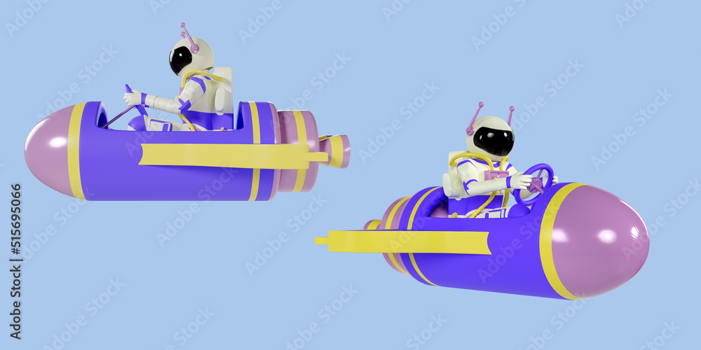 Poster 3d illustration of astronaut rides a spaceship. 3d rendering