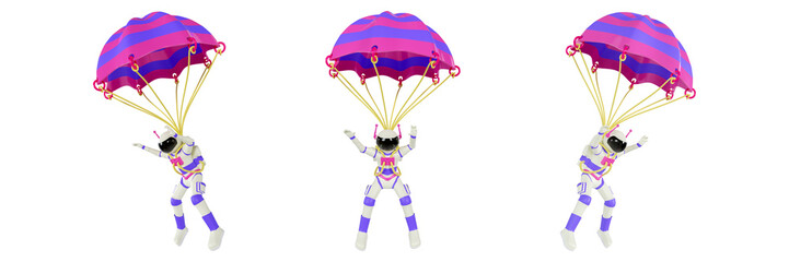 3d illustration of astronaut flying with parachute. 3d rendering