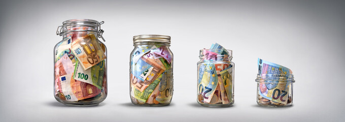 Four glass jars with savings, cash money (euro banknotes) on grey background - obrazy, fototapety, plakaty