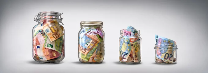 Foto auf Alu-Dibond Four glass jars with savings, cash money (euro banknotes) on grey background © Romario Ien