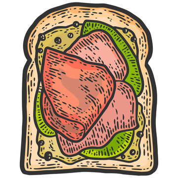 Ham Sandwich. Sketch Scratch Board Imitation. Color Picture Vector.