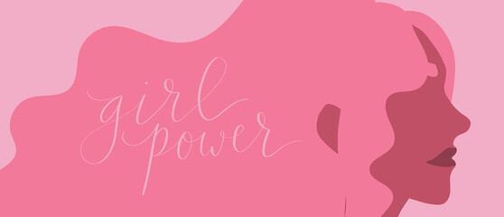hispanic woman with pink hair. Girl power handwritten lettering