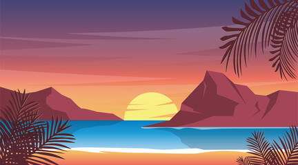 Sunset at beach illustration, nature summer wallpaper