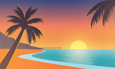 Sunset at beach illustration, nature summer background