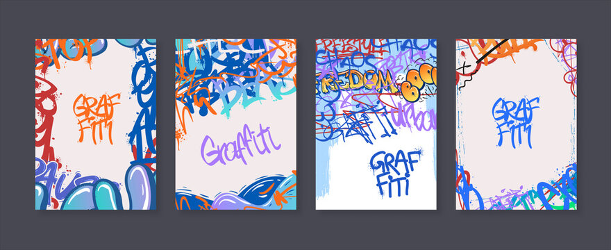 Street art poster. Urban graffiti banners, freestyle tags with spray paint splashes and abstract vector backgrounds set