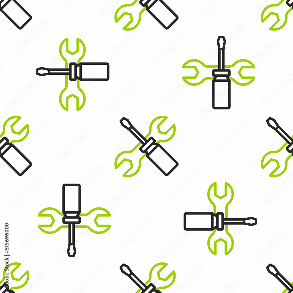 Poster line screwdriver and wrench spanner tools icon isolated seamless pattern on white background. servic