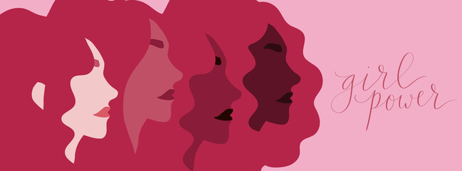 Girl power lettering. Group of women of diverse skin color illustration