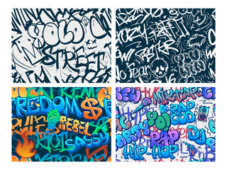 Graffiti pattern. Abstract riot street art, urban YOLO tags and underground hip-hop rap graffitis seamless vector background set