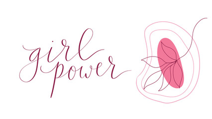 Girl power handwritten lettering with leaf and abstract shapes background