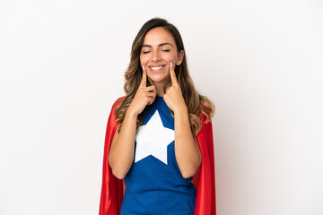 Super Hero woman over isolated white background smiling with a happy and pleasant expression