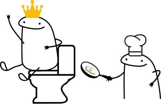 Meme internet: flork pack comedy. Throne king (toilet). Fried egg chef. Musical instruments: drums, guitar, headphones, saxophone. Vector stkech. Comic drawing.