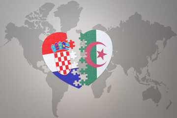 puzzle heart with the national flag of croatia and algeria on a world map background.Concept.