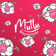 illustration of colorful candies and lamb and a message to wish all Muslims a happy eid al-adha