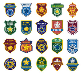 Police badges. Security officer and federal department signs, state policeman badge with star symbols vector set - obrazy, fototapety, plakaty