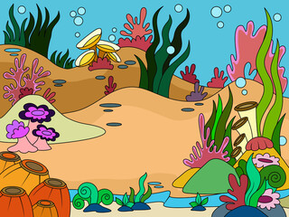 Fototapeta na wymiar Children coloring, seabed landscape, marine plants. Color picture vector.