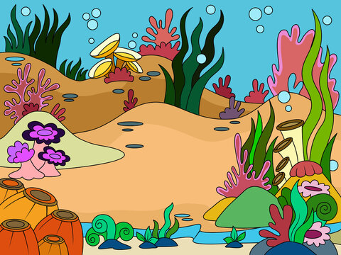 Children coloring, seabed landscape, marine plants. Color picture vector.
