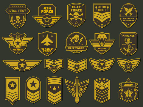 Army badges. Military units emblems, soldier patches and insignias tags vector set
