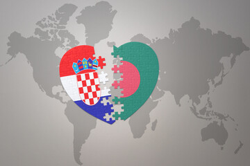 puzzle heart with the national flag of croatia and bangladesh on a world map background.Concept.