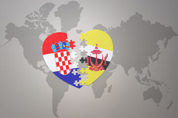 puzzle heart with the national flag of croatia and brunei on a world map background.Concept.