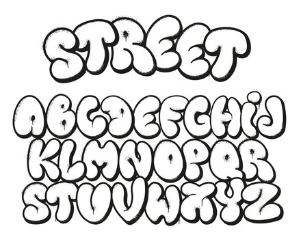 Bubble graffiti font. Inflated letters, street art alphabet symbols with grunge sprayed texture and urban graffitis designer vector set