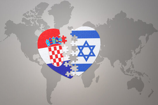 puzzle heart with the national flag of croatia and israel on a world map background.Concept.