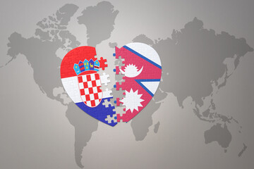 puzzle heart with the national flag of croatia and nepal on a world map background.Concept.