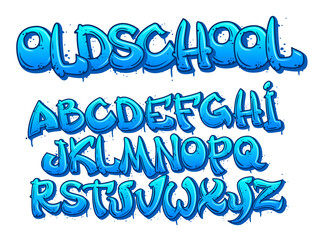Old school graffiti font. Cartoon alphabet capital letters in street art style with paint smudges and depth effect, urban lettering designer vector set © WinWin